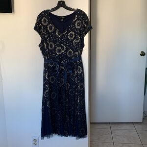 Candalite Women's  Navy Blue Lace Mesh Fit Flare Dress  2X